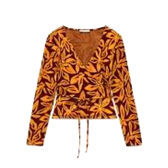 Zara Floral Wrap Crop Sweater Jacket Long Sleeve Orange Red Leaf Pattern Tie EUC - Picture 2 of 14